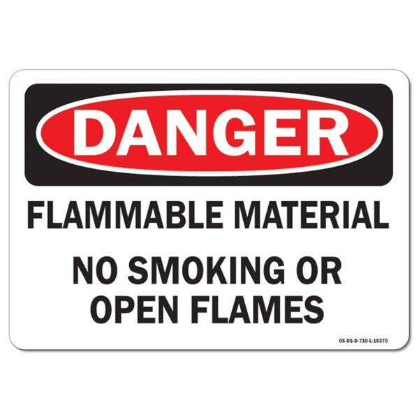 OSHA Sign, Flammable Material No Smoking Or Open Flames, 18in X 12in Plastic, 12" W, 18" L, Lndscp
